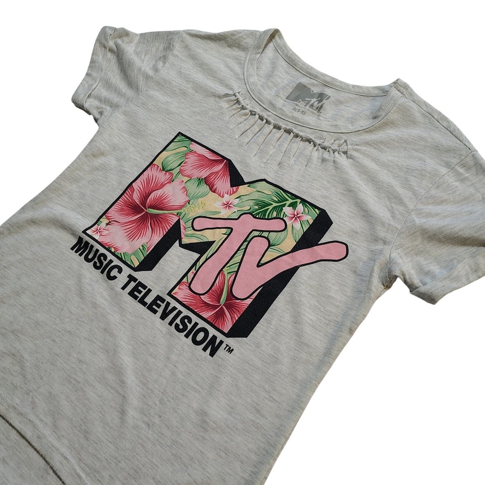 MTV Music Television Floral Logo Graphic T Shirt Kids S 3-6 Light Grey Hand tied